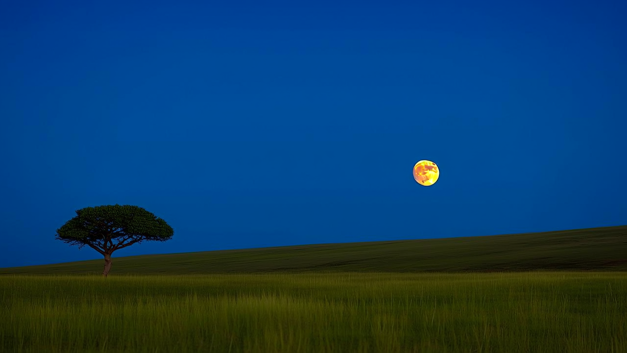 草原，满月，独树，明月斜照